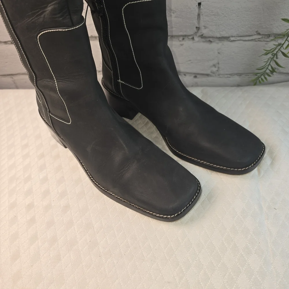 DONALD PLINER CLASSIC DARK CHARCOL RIDING BOOTS 1/2 ZIP SQUARE TOE WOMENS 7